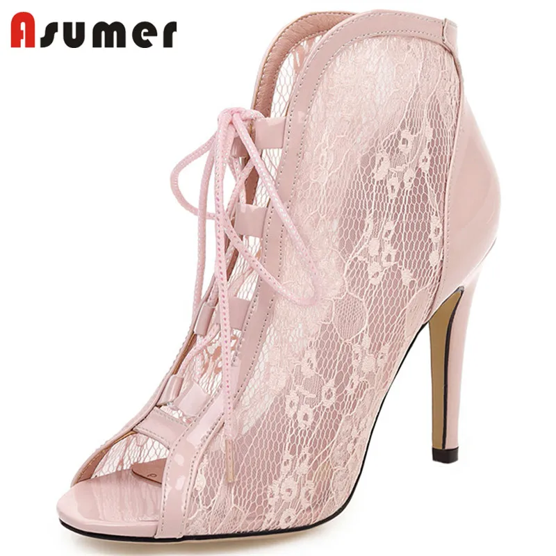 

ASUMER 2021 new arrival ankle boots women thin high heels summer boots lace up elegant party wedding shoes ladies big size 43
