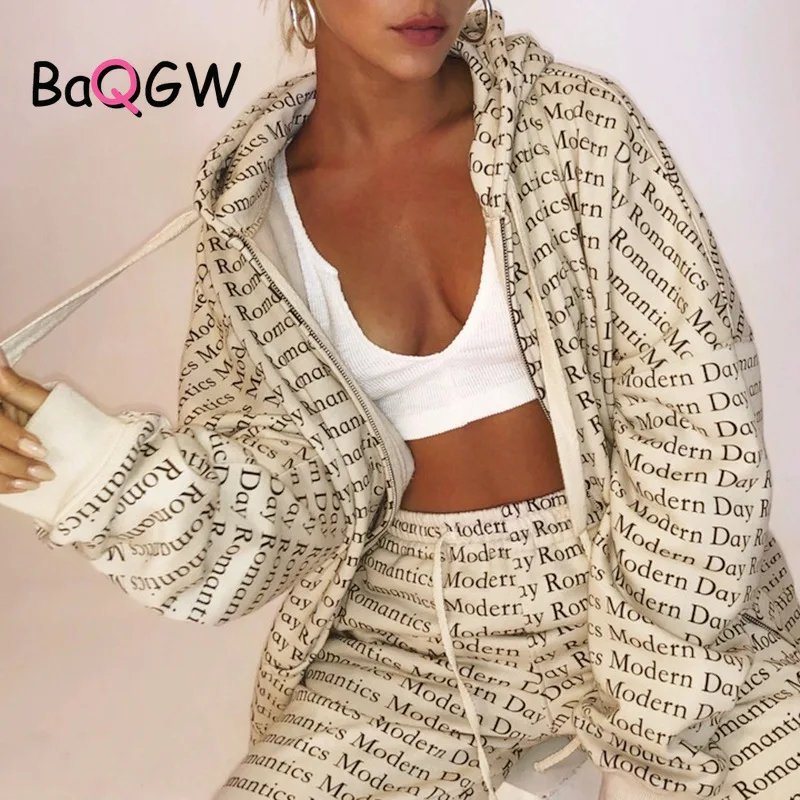 

Женский спортивный костюм BaQGW с надписью, комплект из 2 предметов, осенняя верхняя одежда с капюшоном, Женское пальто, спортивные брюки абрик...