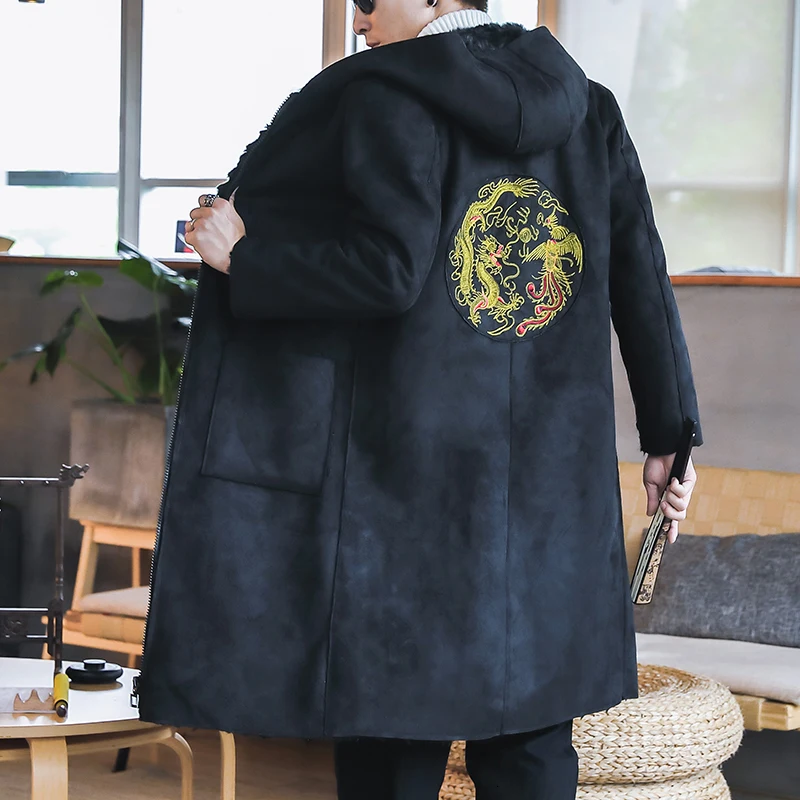 Длинная кожаная куртка с капюшоном пальто из искусственного меха Мужская