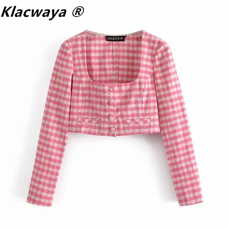 

Женский однобортный Топ Klacwaya, Винтажный Розовый Топ с квадратным вырезом и длинным рукавом, лето 2021, клетчатый короткий топ