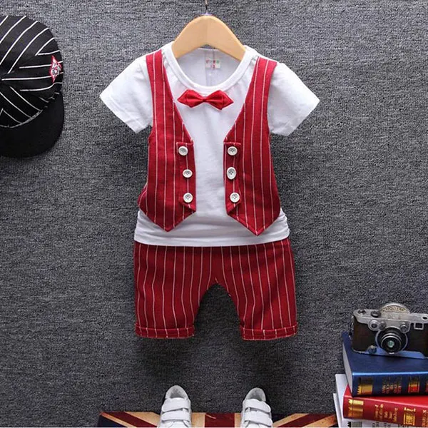red baby set Официальная одежда для маленьких мальчиков, топ в полоску для дня рождения и свадьбы+ шорты, комплект летней одежды для новорожденных мальчиков, комплекты верхней одежды - Цвет: red baby set