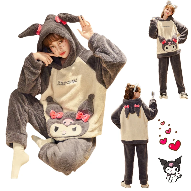 

Kawaii Anime Plushie Kuromi Plush Girl Cute Hooded Autumn and Winter Thick Coral Fleece Winter Student Plush Home Service