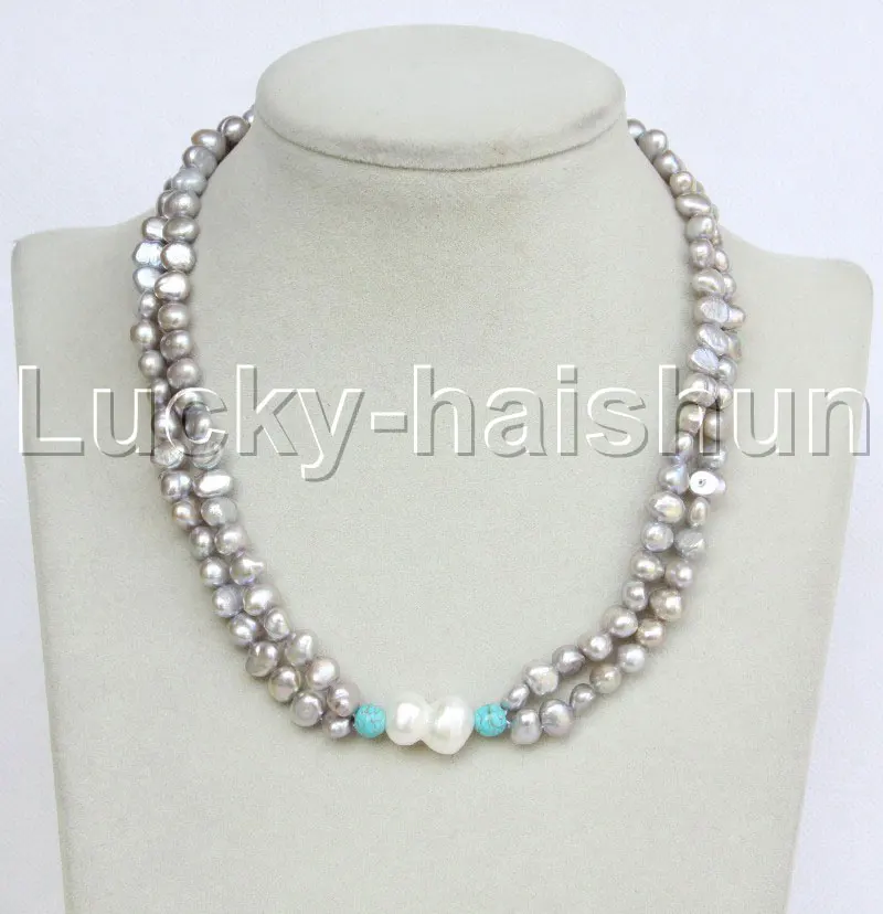 

JQHS Baroque 16" 2Strand Gray White Freshwater Pearls Turquoise Beaded Strand Necklace J11744