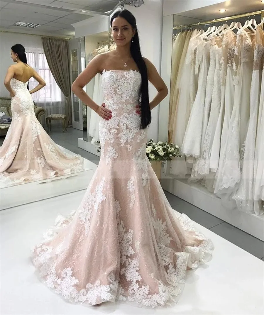 

Sexy Strapless Champagne Mermaid Wedding Dresses Ivory Lace Appliques Bride Dress Wedding Gowns vestido de noiva manga longa
