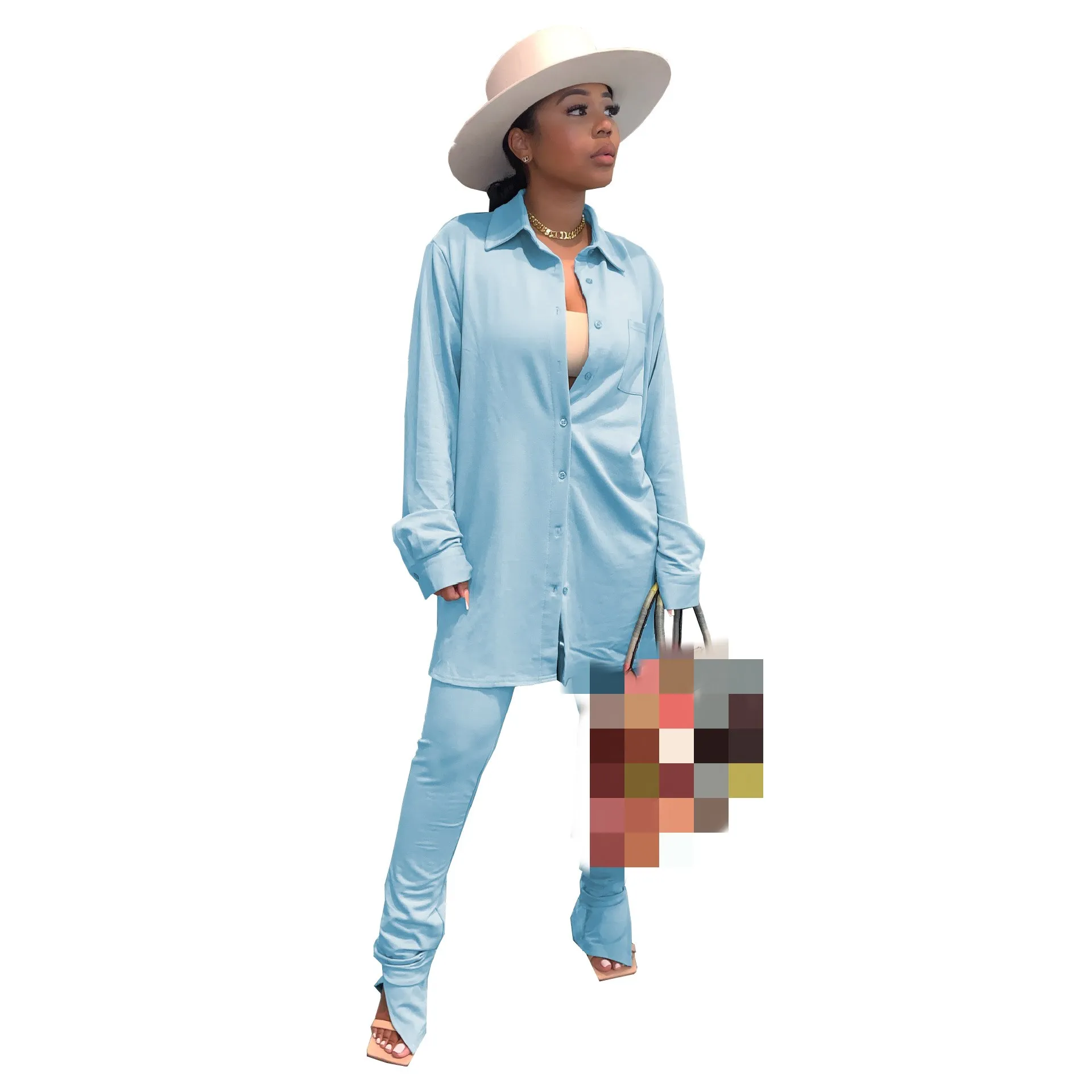 

Autumn Solid Women Sets Lapel Collar Long Sleeve Single Breasted Shirts + High Waist Side Pleated Splits Outfits For Streetwear