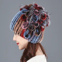 17 styles color matching thick lazy rabbit silver fox fur with ball knit hat casual warm woman winter autumn ear cap