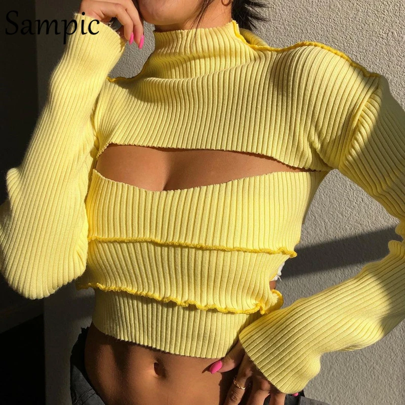 

Sampic Turtleneck Hollow Out Sexy Women Yellow Skinny Mini Long Sleeve T Shirt 2020 Autumn Winter Basic Cropped Tees Tops