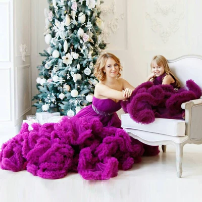 

Purple Ruffle Tulle Dress For Mother and Daughter Pleated Sweetheart Long Dress Women Photo Shoot Mom & Me Tulle Maternity Dress
