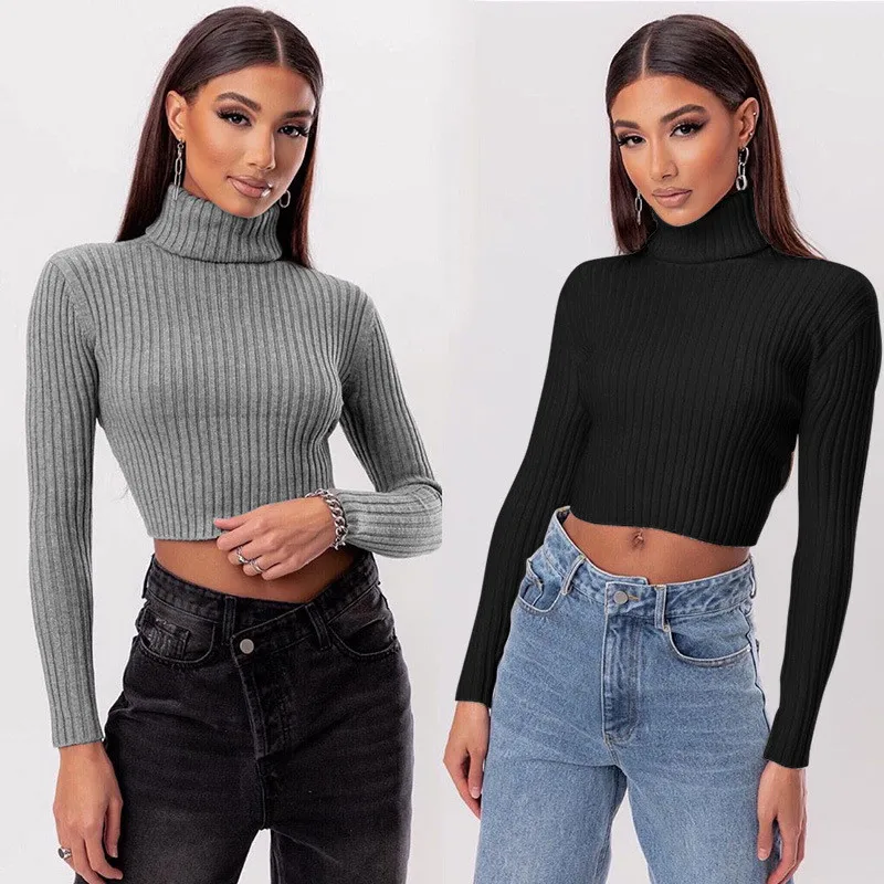 Women Autumn Sweater Long Sleeve High Collar Ribbed Crop Turtleneck Top Casual Style Pullover Solid Ladies Blouse | Женская одежда
