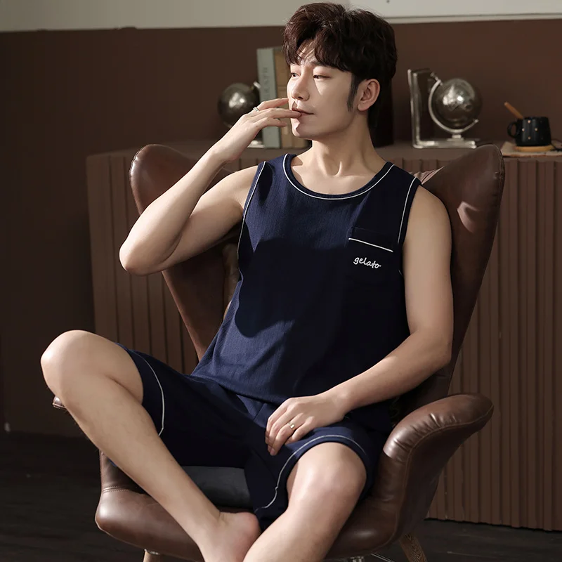 Летняя темно-синяя повседневная спортивная одежда модель 4XL Пижама для мужчин