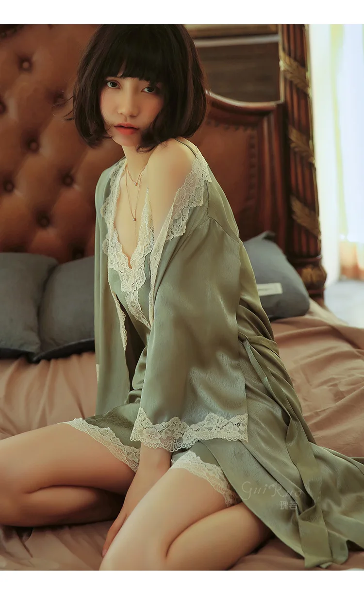 Spring Autumn New Style Women's Sexy Open Front Imitation Silk Lace French Bathrobe Nightgown Home Clothes Lace Sexy Nightdress