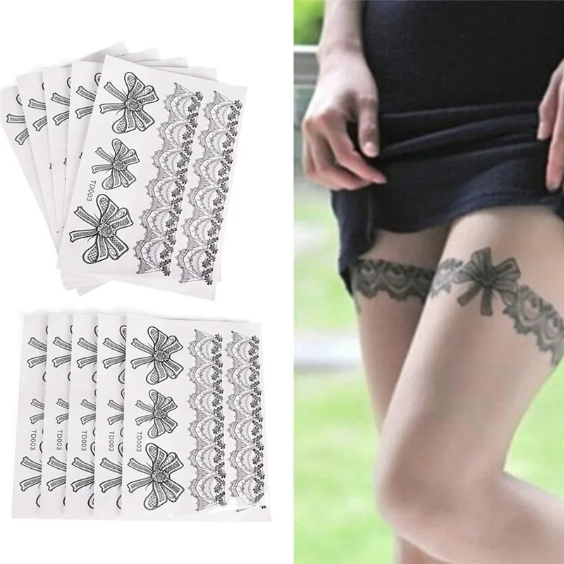 

1 Sheet Black Sexy Lace Tattoo Sticker Arabic Indian Rose Butterfly Bow Flash Temporary Tattoos Paint On Hand Arm Leg Stocking