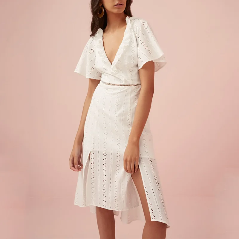

New Sexy V-neck Open Back Lace Up Waist Hem Split Irregular Dress for Women Elegant White Cotton Hollow Out Split Cute Dress