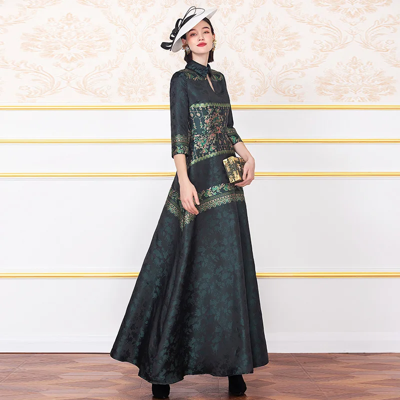 Винтажное длинное платье осень 2019 женское элегантное жаккардовое вечернее для