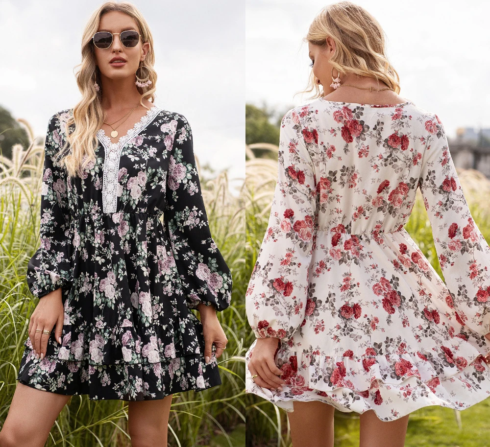 

2021 Spring And Autumn New Dress Female Printed Lace V-neck Long-sleeved Dress Long Skirt Printed Pattern Sweet Style