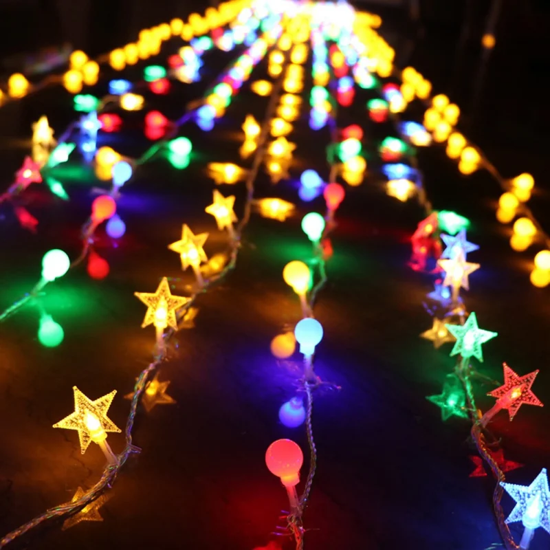 Цветные теплые белые пятиконечные Звездные Рождественские огни Рождественский