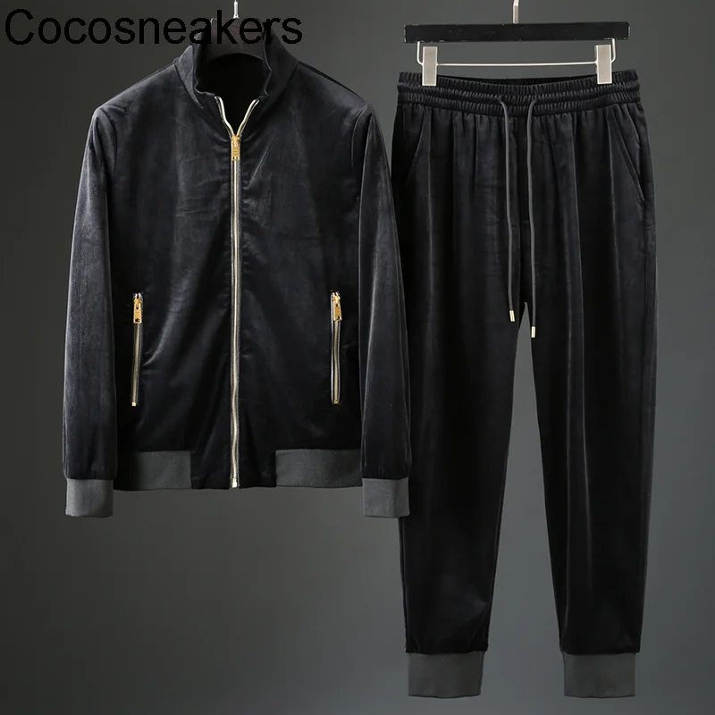 

Новинка Осень-зима Блестящий Золотой бархатный кардиган свитер мужской повседневный спортивный костюм с воротником-стойкой комплект из дв...