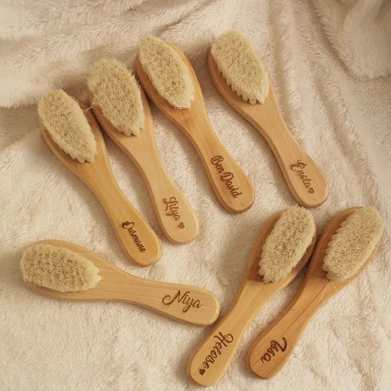 Custom Name Baby Bathing Comb Care Hair Brush Pure Natural Wool Wood Newborn Massager Shower and Registry Gift | Дом и сад