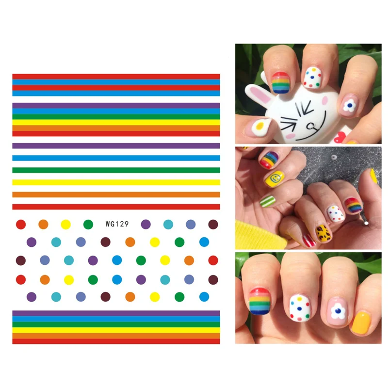 

Rainbow Orange Cloud Umbrella Colorful Horizontal Stripes Small Flower Nail Sticker Art Deco Fitting Adhesive Decal 10PCS