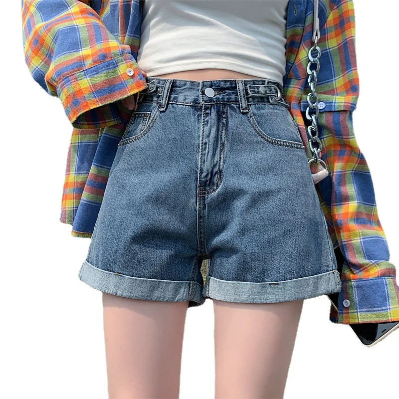 

WANYUCL high waist denim shorts women summer new style adjustable loose straight leg thin curly A-line wide leg hot pants women
