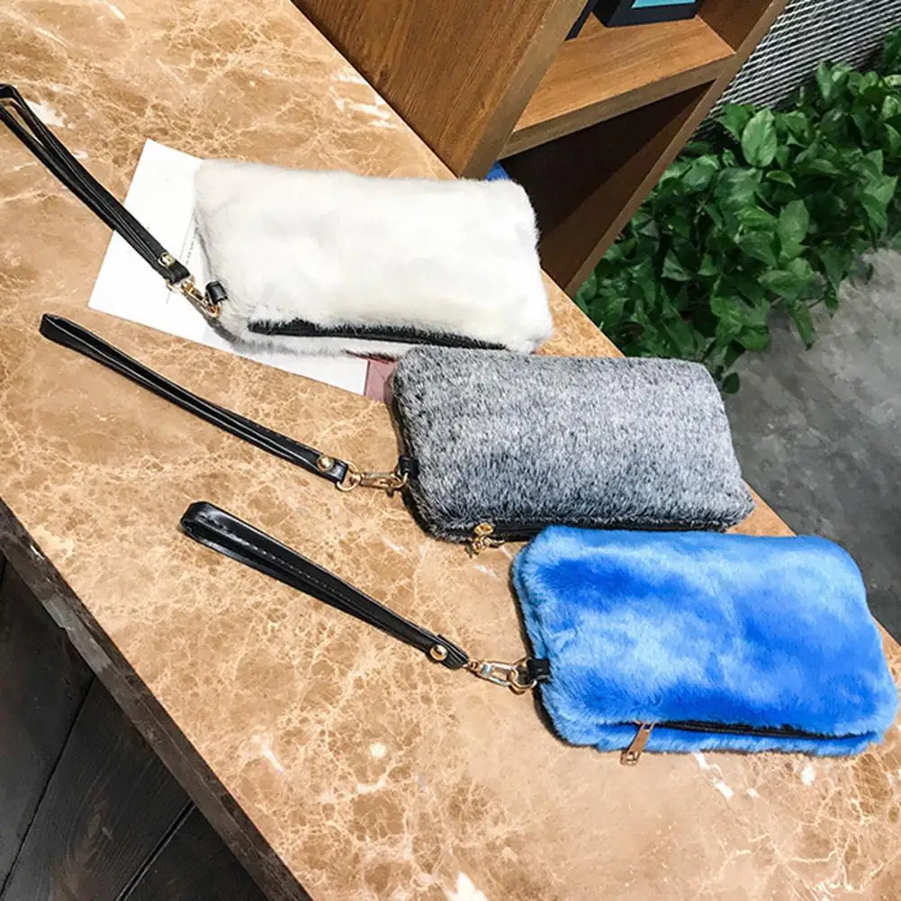 

Durable Women Evening Clutch Bag Classic Delicate Texture Plush Zip Handbag Female Solid Color Daily Small Purse Daily Shopping