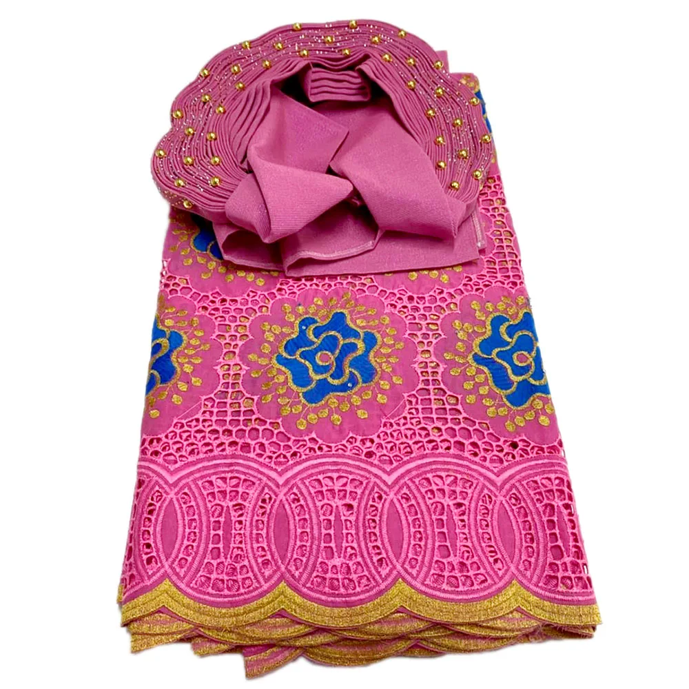 

2021 Newest African Coton Lace Fabric With Scarf Pink High Quality Swiss voile Lace in switzerland For Dress 5Yards/Lot