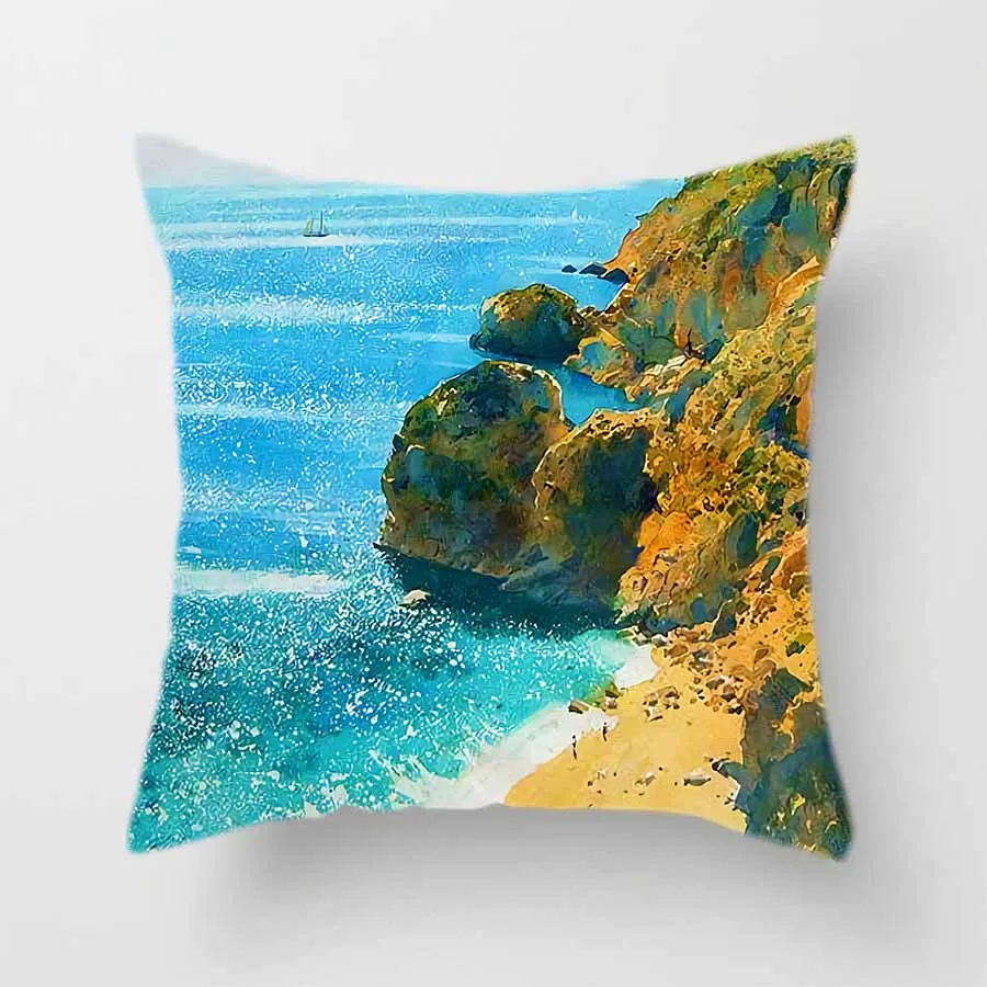 Offing Scenery Polyester Cushion Cover Sea Sailboat Pattern Decorative Pillow Case for Car Sofa Bed Home Living Room Decor 45x45 |