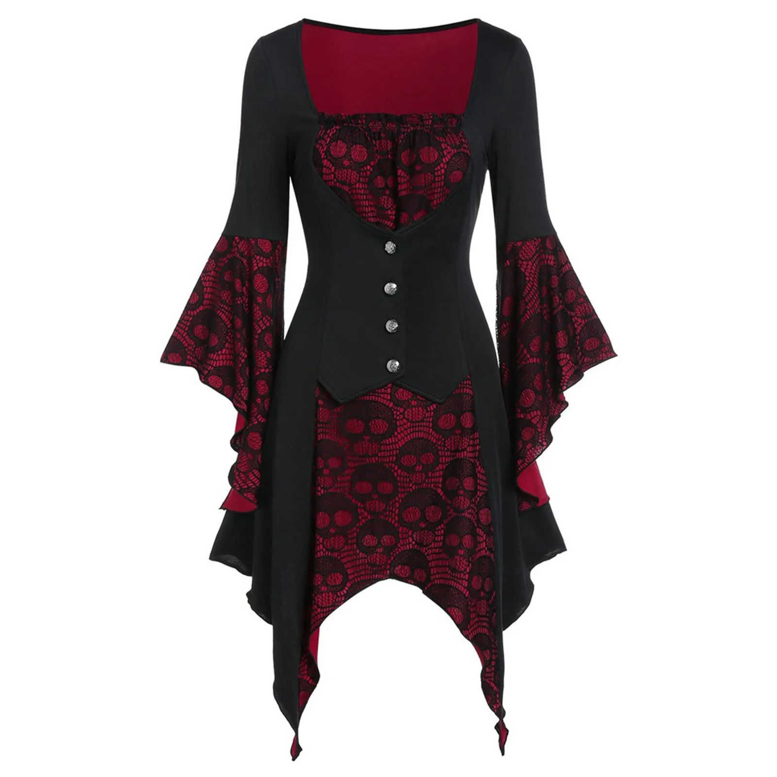 

Gothic Irregular Dresses Women Plus Size Autumn Skeleton Print Long Sleeve Lace Panel A Line Dress Vintage Party Dresses Robe