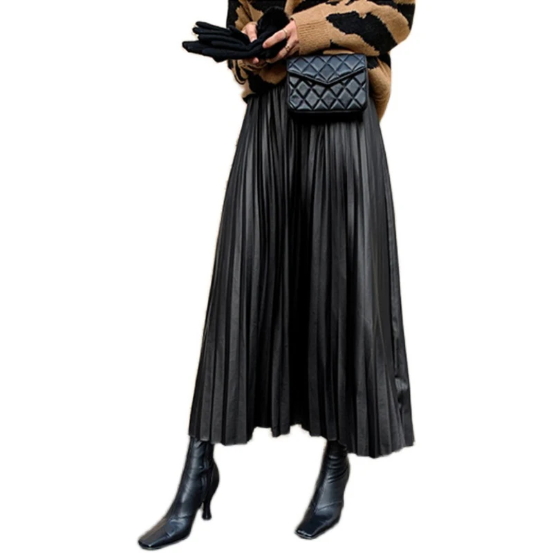 

2020 Autumn winter Ladies Black PU Fur Faux Leather Midi Skirt Elastic Pleated High Waist Black All-match Skirt