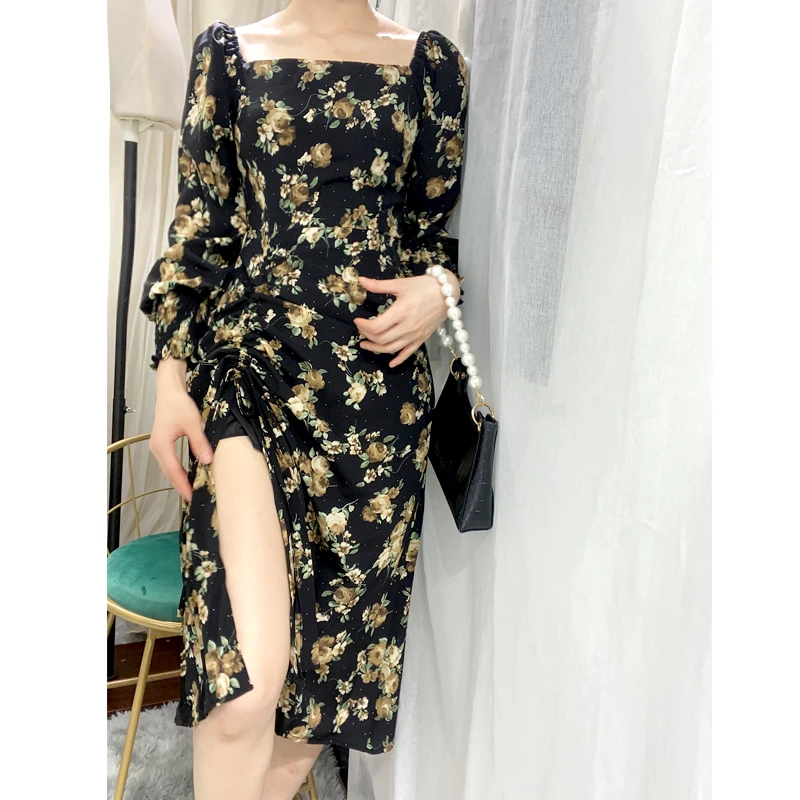 

Square Collar Long Sleeve Split Party Dress Vestidos 2020 Vintage Temperament Drawtring Lace Up Floral Dress Women Elegant