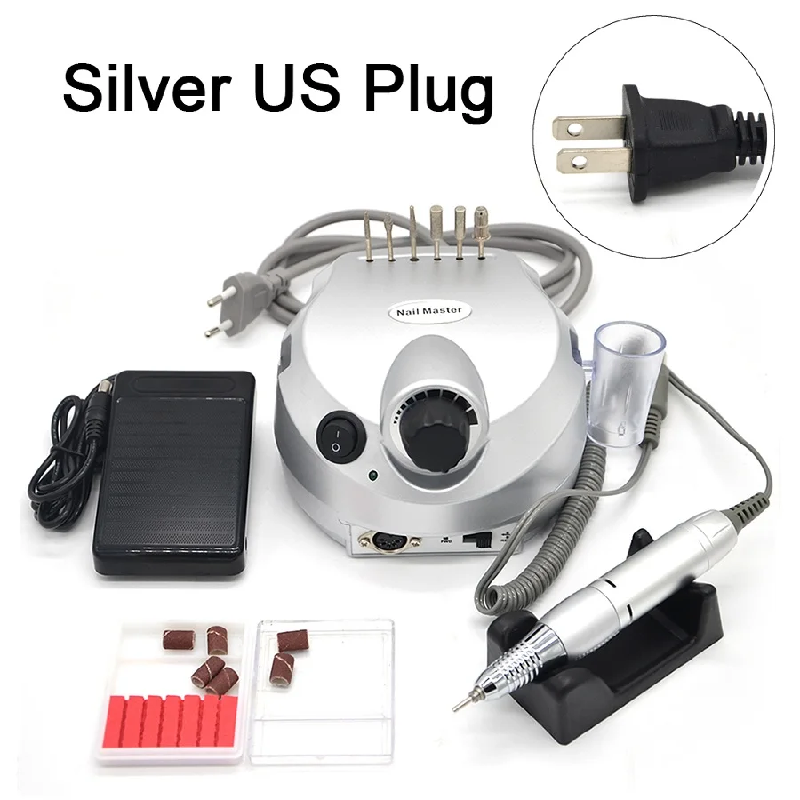 Silver US Plug Серебряный машинка для маникюра профессиональный инструмент для полировки ногтей пилочки для ногтей набор маникюра 35000 об/мин 110 В/220 В Электрическая дрель для ногтей аппарат для маникюра - Цвет: Silver US Plug