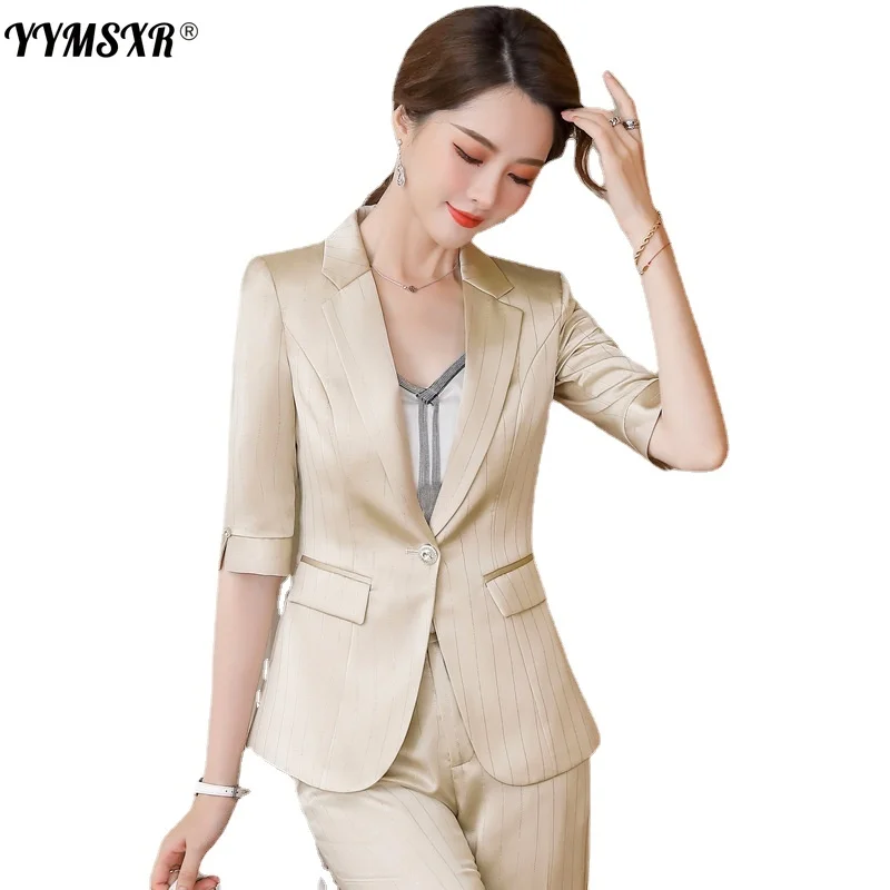 S-4XL Fashion Women's Suit Pants Set 2022 Summer New Style Professional Fitted Half Sleeve Jacket + High Waist Pants 2-piece
