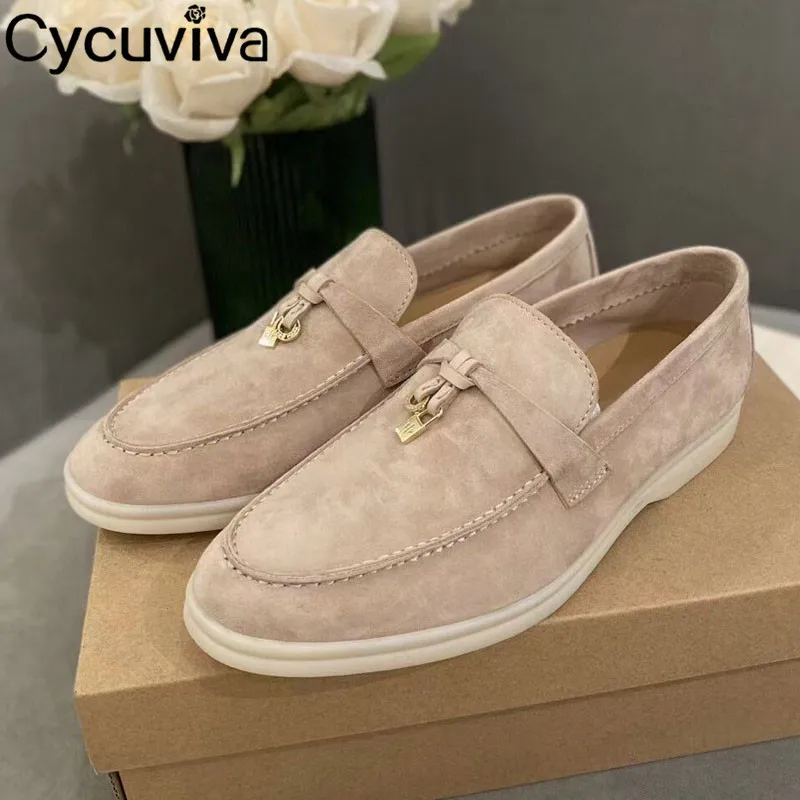 

Summer Walk Shoes For Women Metal Lock Suede Casual Flat Ladies Shoes Runway Slip On Tassel Driving Loafers Designer Woman Flats