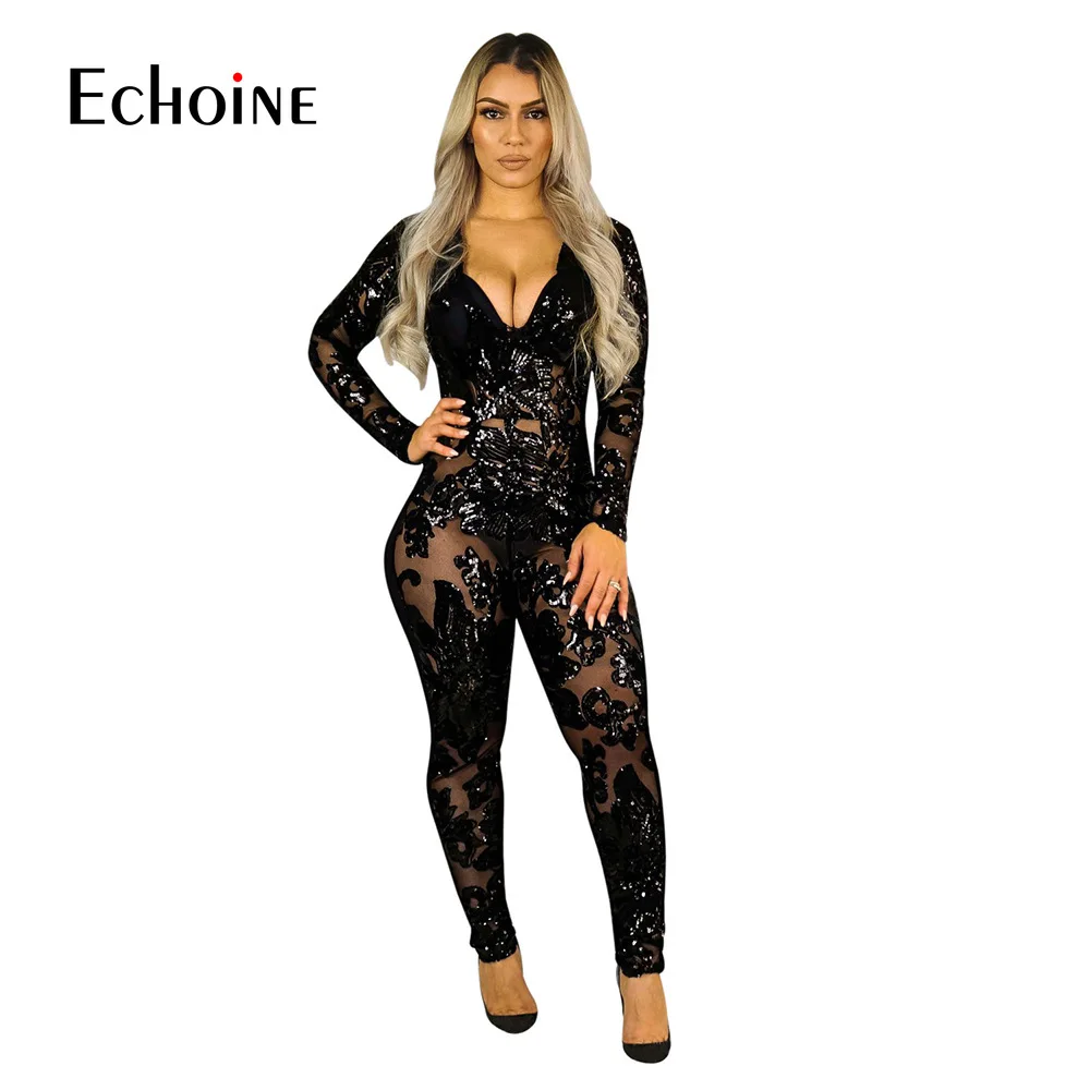 Сексуальный прозрачный сетчатый комбинезон с блестками в стиле пэчворк глубокий