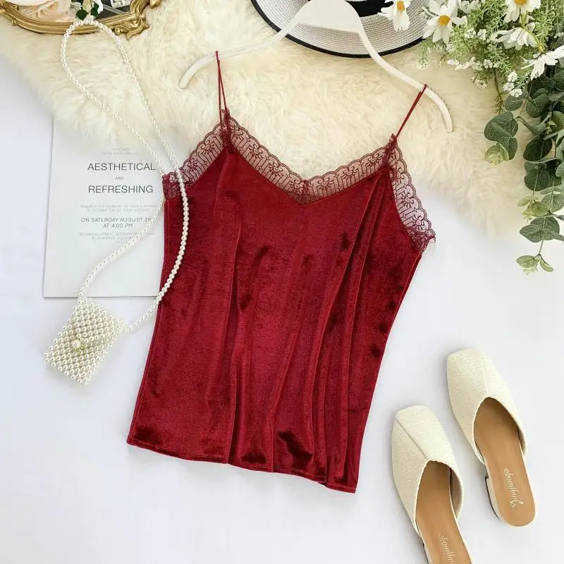 Новая Осенняя Женская кружевная Лоскутная бархатная майка с регулируемой талией