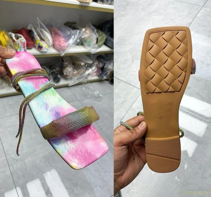 

2021 summer women's new large size shoes flat literal cross strap sandals diamond-studded ladies sandals slippers