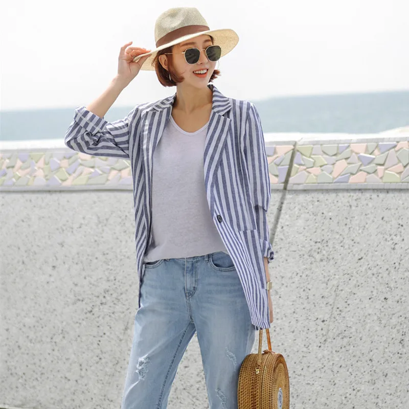 

Vintage Casual Stripe Cotton And Linen Blazer Women Vintage Minimalist Single Button Coat Female Loose Pocket Thin Coats Lady