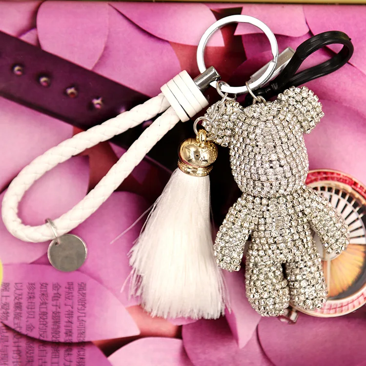 2020 High quality Crystal Cartoon Pessimistic Bear Keychain Fashion skin Rope Fringe Key chains Women Bag Car key Ring | Украшения и