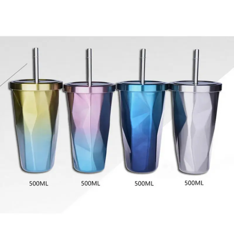 Градиентная чашка с соломинкой 500 мл нержавеющая стальная кружка для путешествий