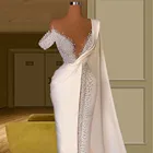 Атласное Вечернее платье-русалка, с запахом, с жемчугом, глубоким V-образным вырезом, для выпускного вечера, 2021
