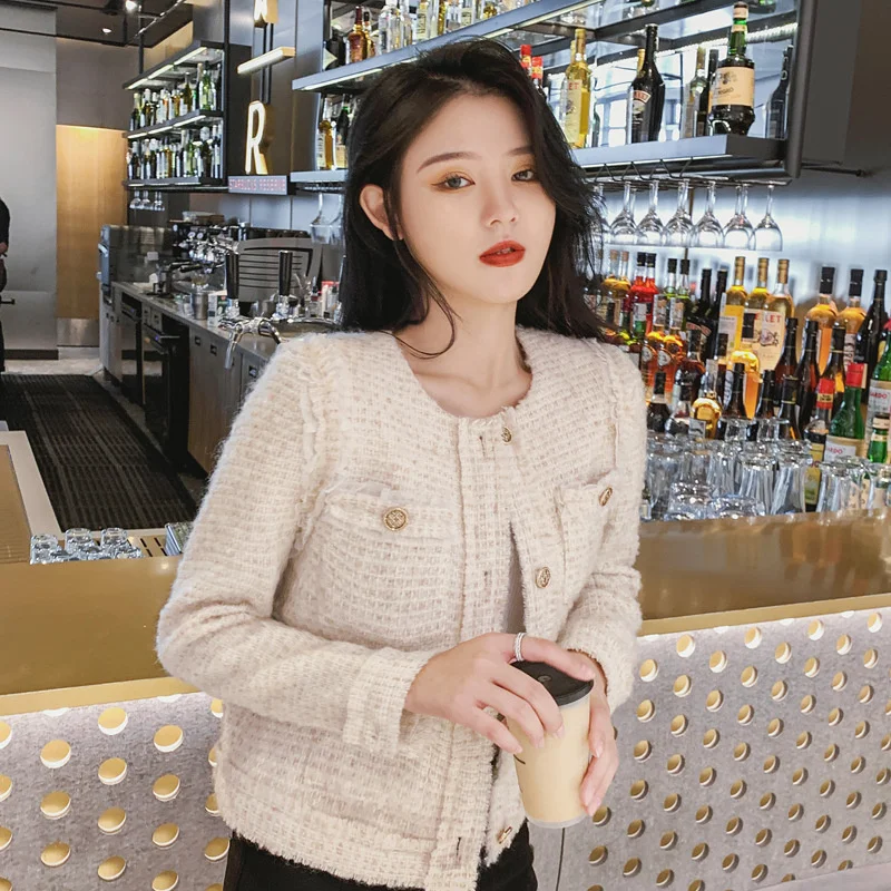 Изысканное твидовое женское свободное универсальное пальто из ткани и шерсти