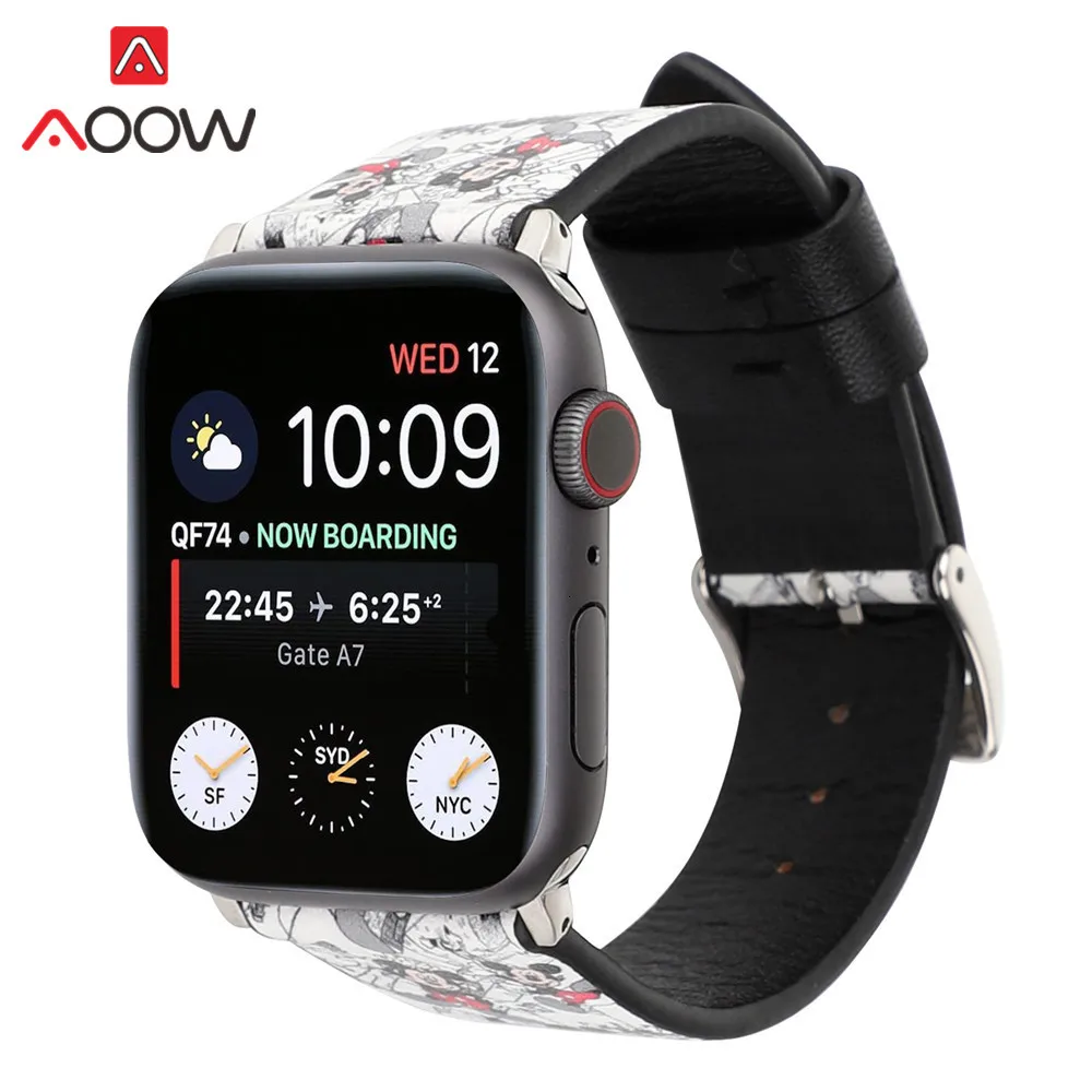 Ремешок для часов из натуральной кожи для Apple Watch 4, 40 мм, 44 мм, 38 мм, 42 мм, браслет с принтом Микки Мауса, ремешок для iwatch 1, 2, 3