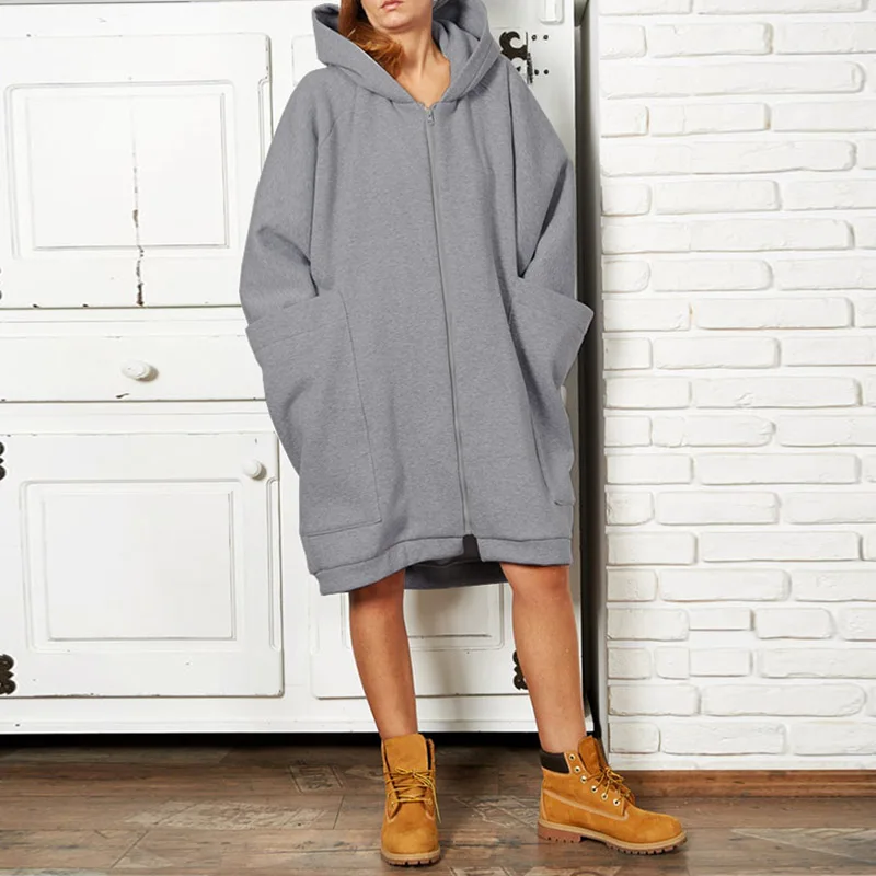 Light Grey ZANZEA размера плюс 5XL Женская Толстовка повседневные толстовки зимние женские пальто с длинными рукавами толстовки с большими карманами верхняя одежда на молнии - Цвет: Light Grey