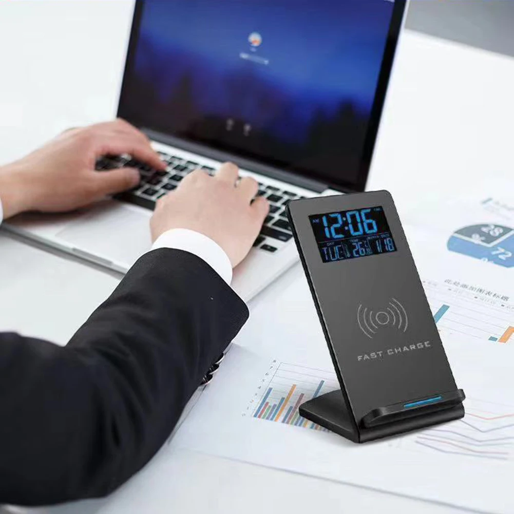 desktop wireless charging stand mobile phone holder time temperature alarm clock wireless charging hot sales free global shipping
