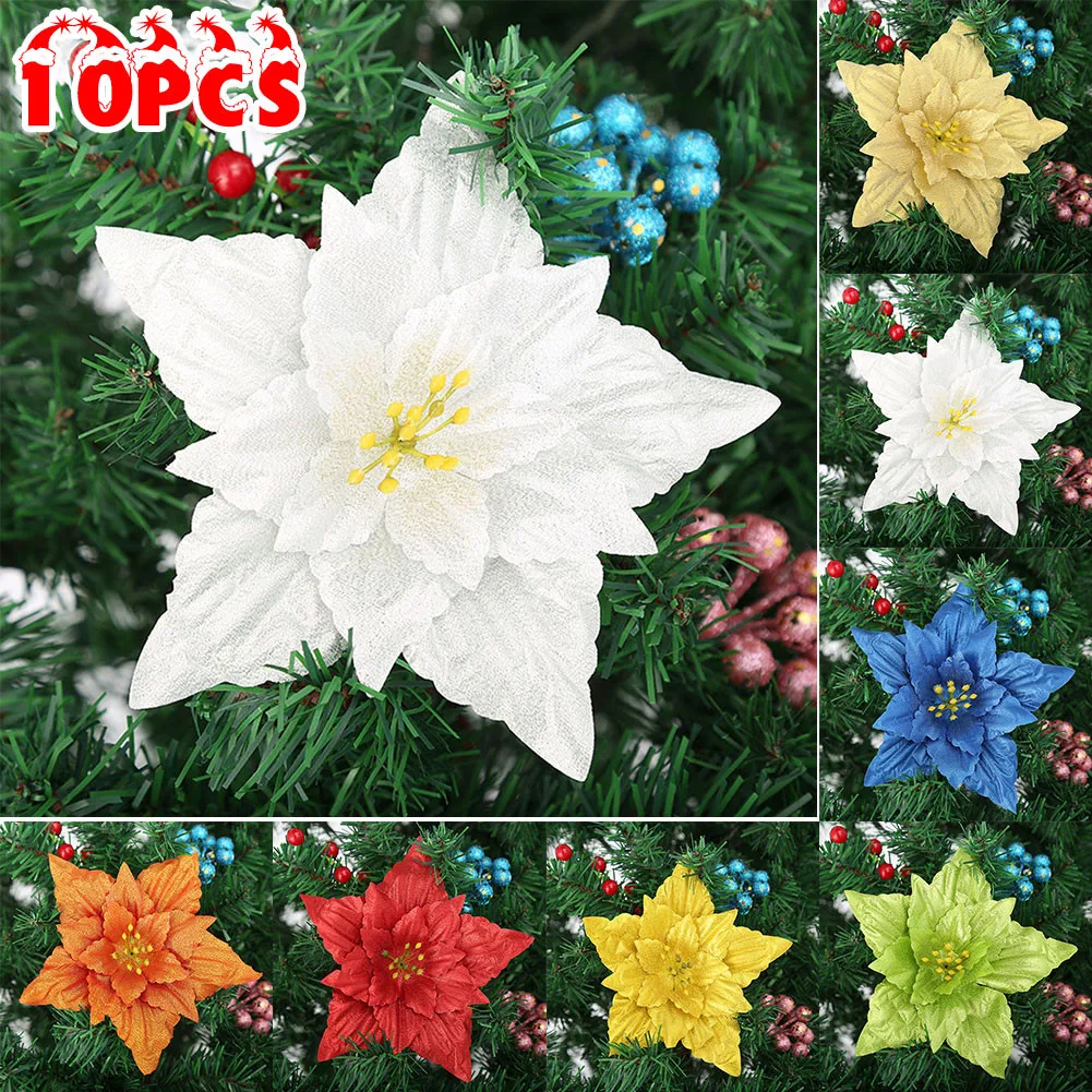 

10pcs Christmas Large Poinsettia Glitter Flower Tree Hanging Party Xmas Decor Multi-colors Christmas Flowers Durable Home Decor