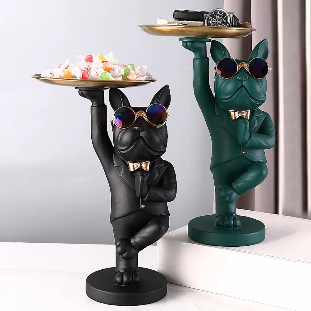 

Nordic French Bulldog Sculpture Statue Modern Resin Dog Figurine Key Storage Holder Plate Glass Tray Home Table Decor Art Gift