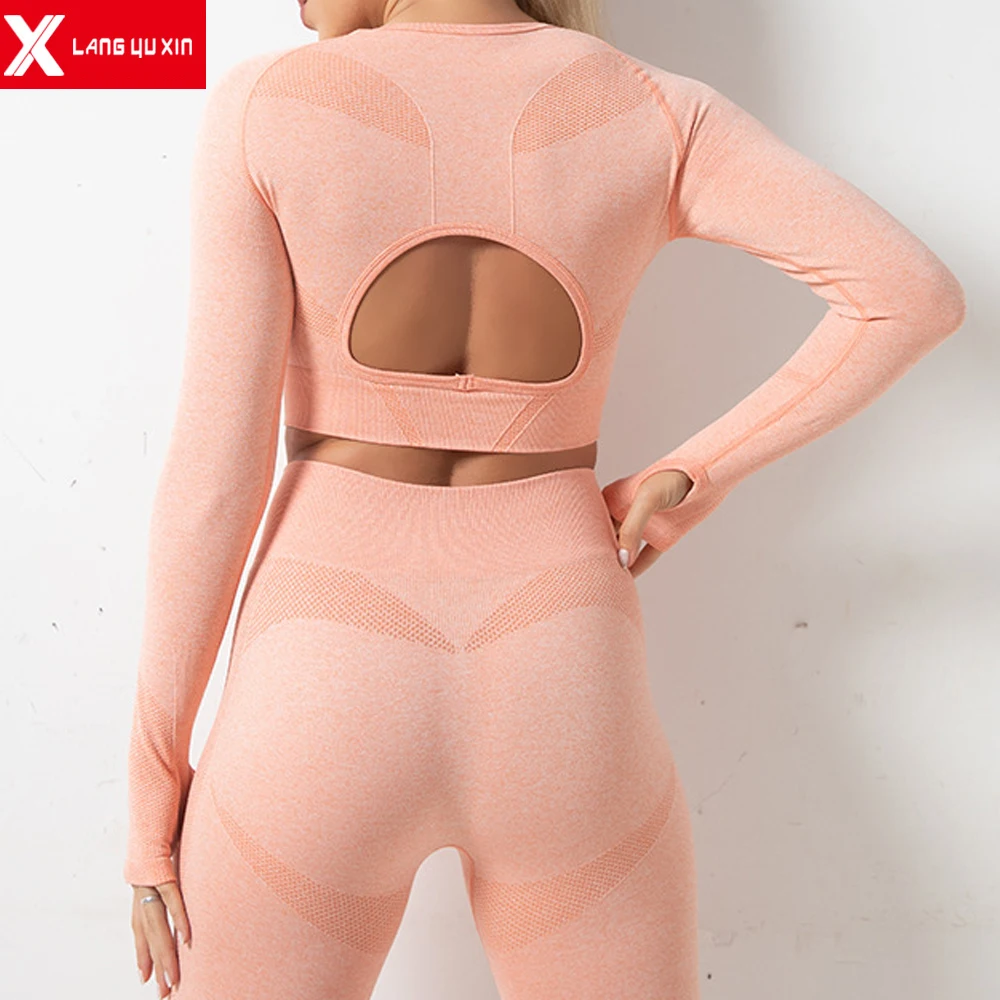 

Бесшовный комплект для йоги, женские спортивные топы с длинным рукавом и энергетические леггинсы с высокой талией, комплект из 2 предметов, ...