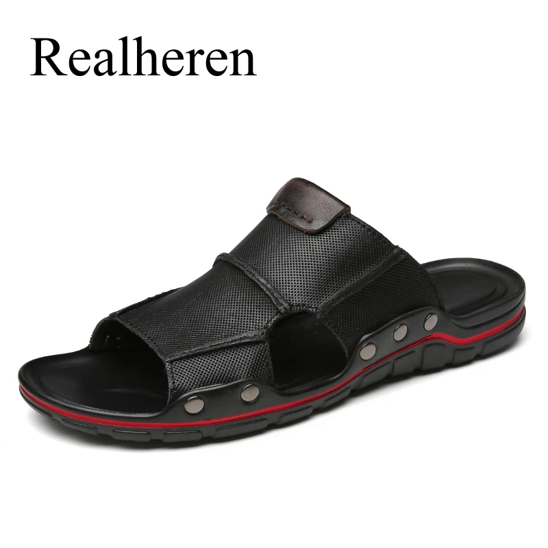 

Summer Leather Slides Mens Big Plus Size 48 49 50 Slippers Outdoor Slip-Ons For Men Black Casual Slipper Pantuflas Hombre
