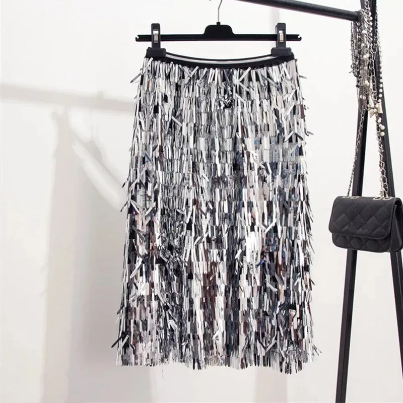 Женская юбка карандаш с блестками Повседневная однотонная черная вечерние