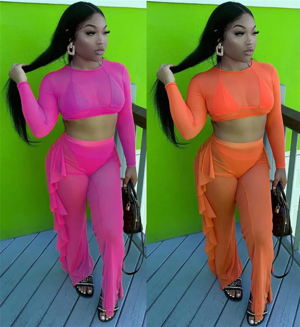 

Perspective Mesh Sheer 2 Piece Sets Womens Outfits Sexy Crop Top and Ruffles Pants Matching Sets Party Club Birthday Outfits